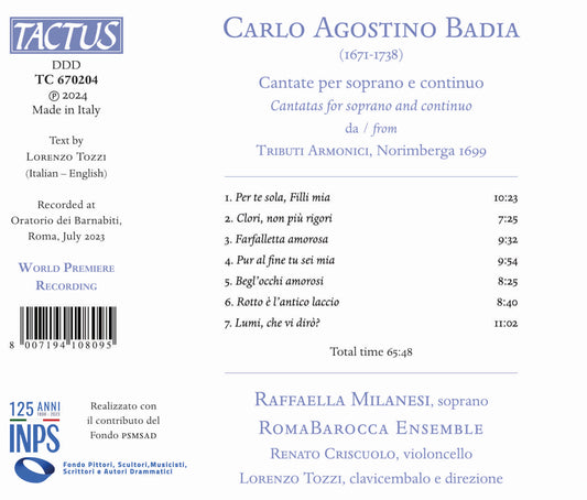 Badia: Cantate Per Soprano E Continuo Raffaella Milanesi, Romabarocca Ensemble, Renato Criscuolo, Lorenzo Tozzi