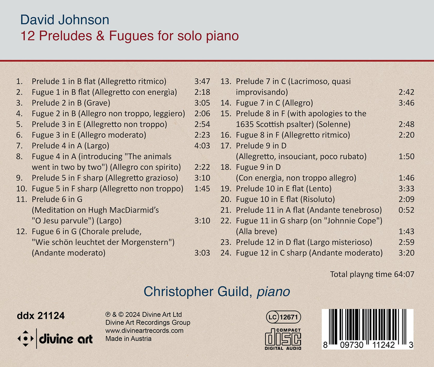 Johnson: 12 Preludes & Fugues For Solo Piano Christopher Guild