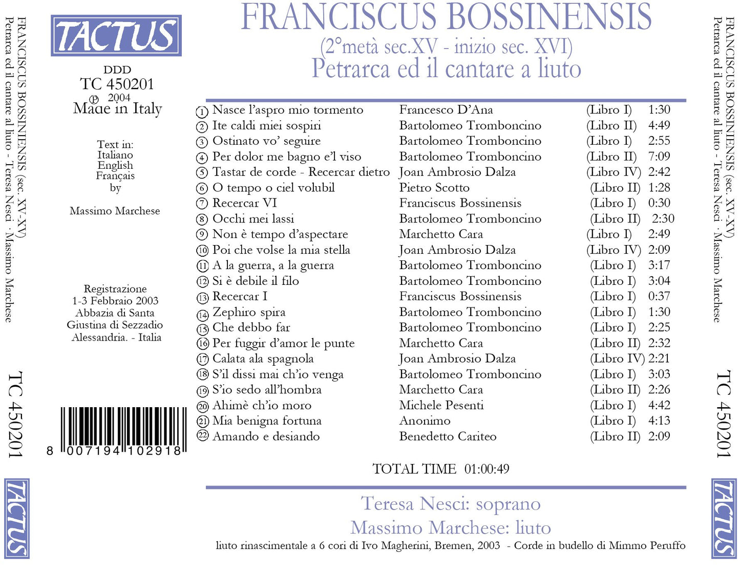 Bossinensis: Petrarca ed il cantare a liuto