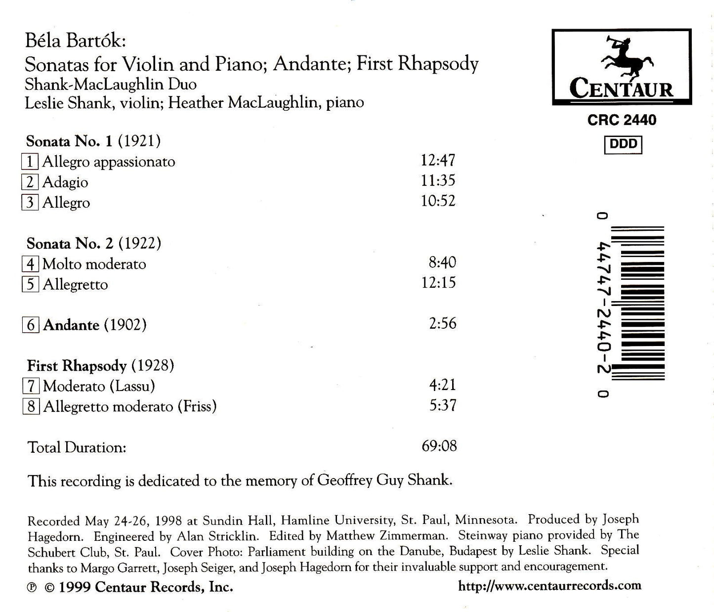 Bartók: Sonatas for Violin and Piano - Andante - First Rhaps