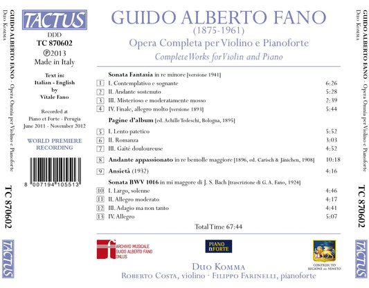 Guido Alberto Fano: Opera Completa per Violino e Pianoforte