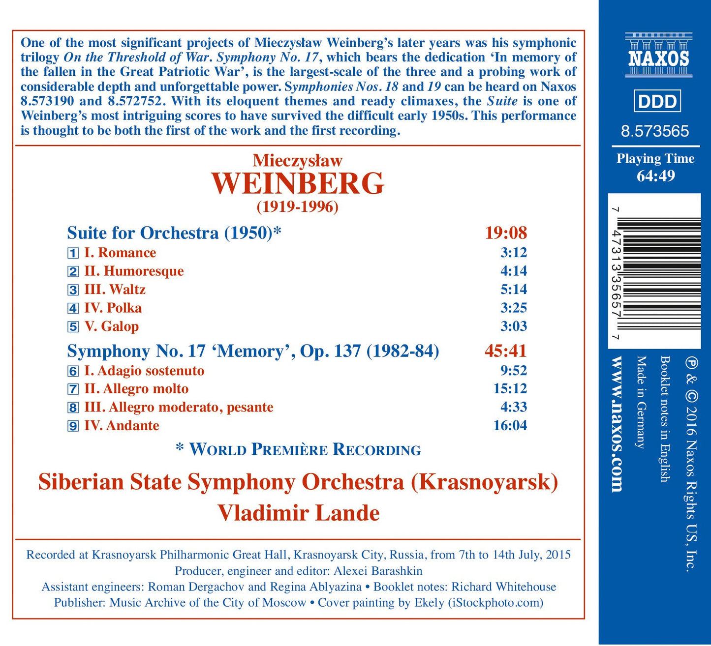 Weinberg: Symphony No. 17, Op. 137 "Memory" & Suite for Orch