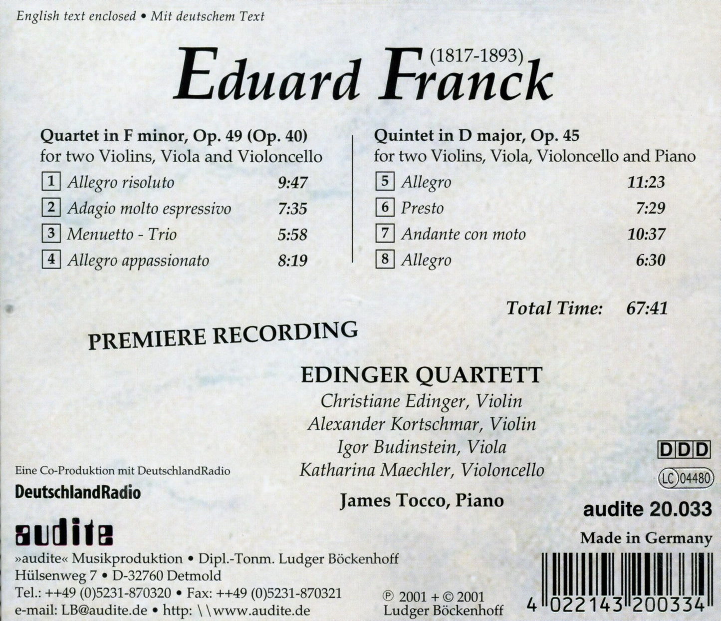 STRING QUARTET & PIANO QUINTET