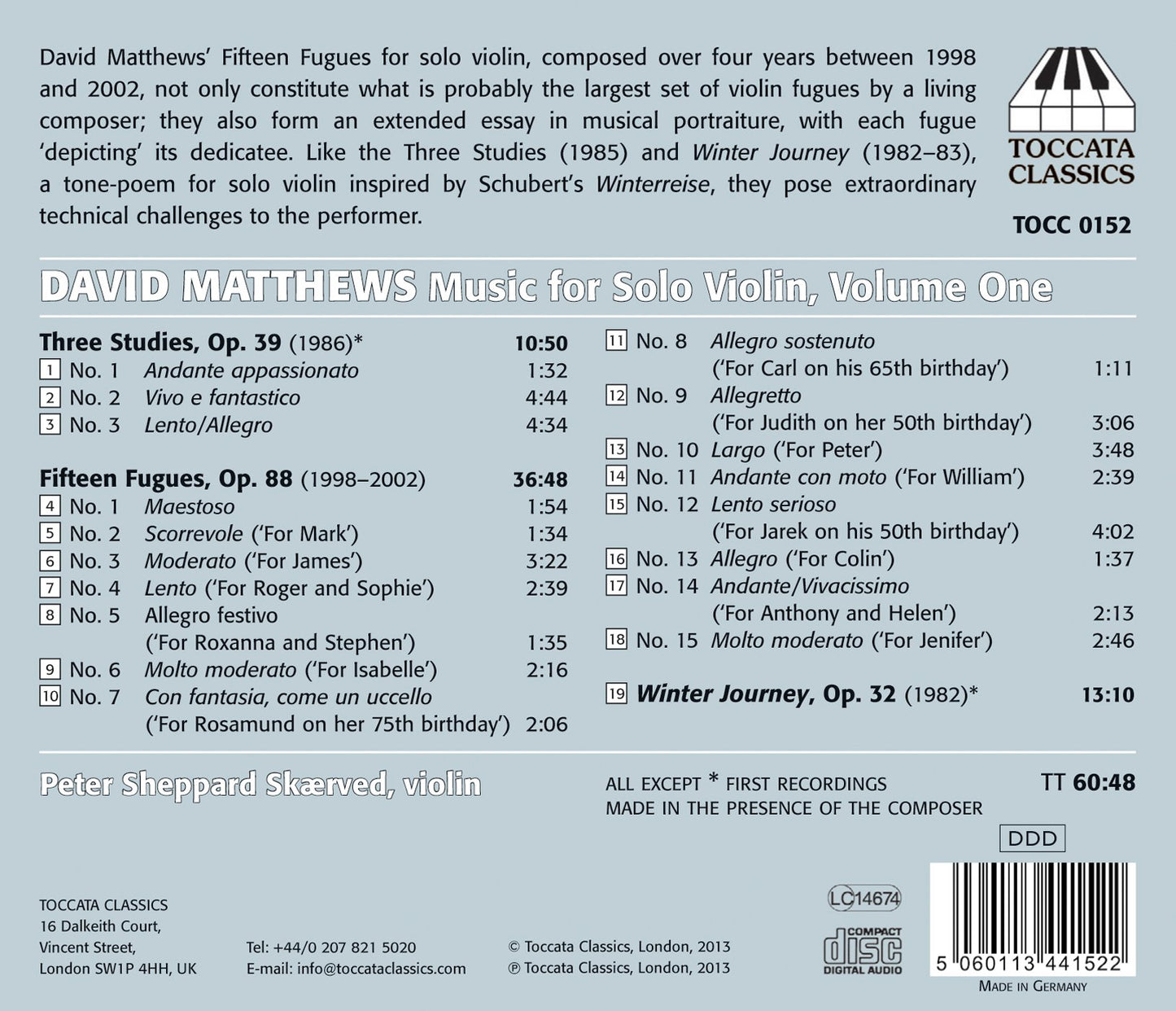 David Matthews: Music for Solo Violin, Vol. 1