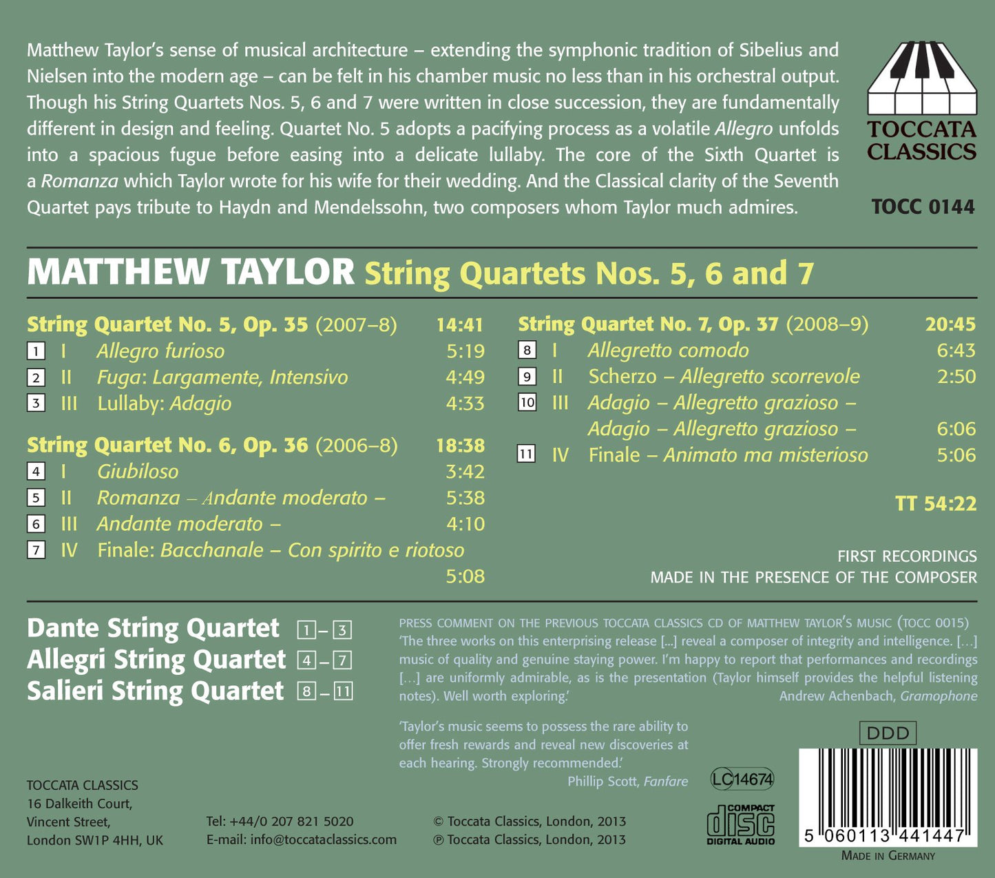 Taylor: String Quartets Nos. 5, 6 and 7