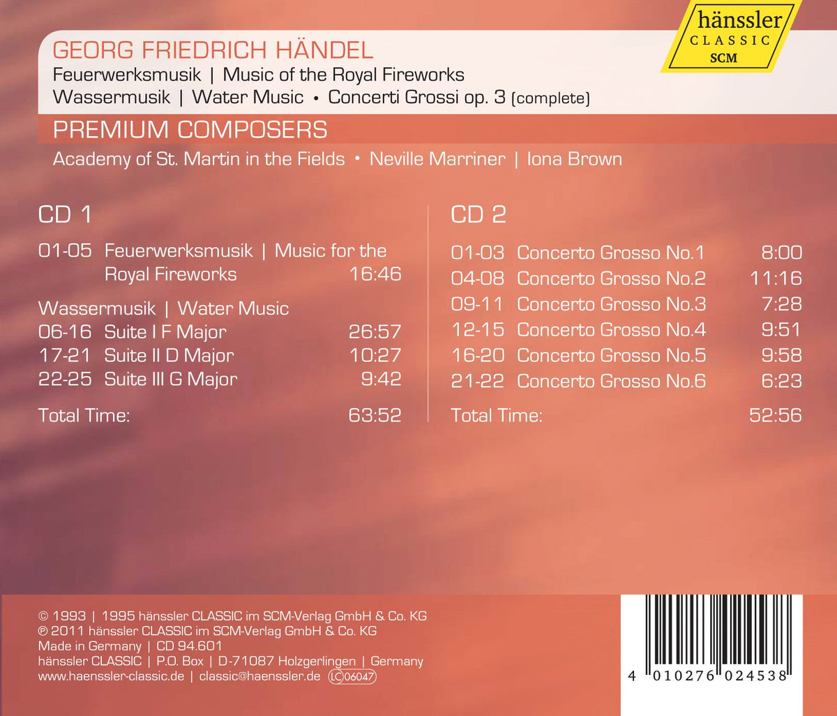 Handel: Feuerwerkmusik, Wassermusik & Concerti grossi, Op. 3