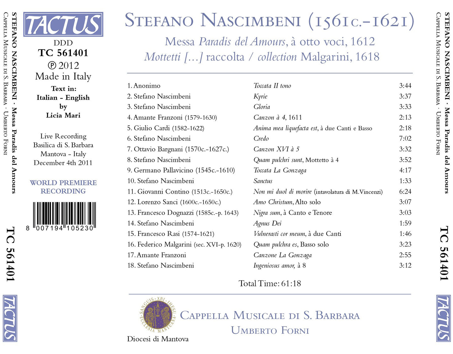 Nascimbeni: Messa "Paradis del Amours," 1612