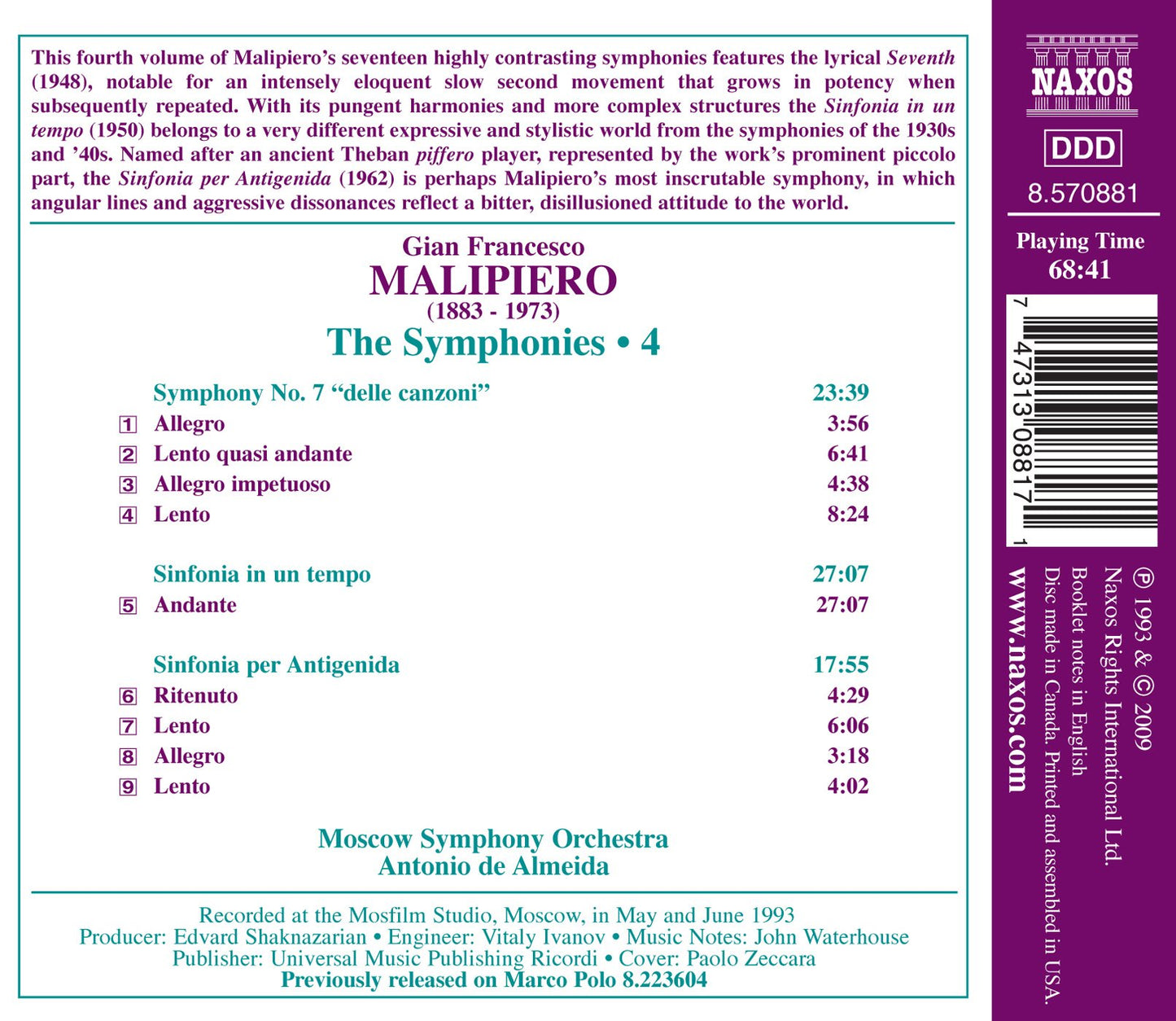 Malipiero, G.F.: Symphony No. 7, "delle canzoni" / Sinfonia