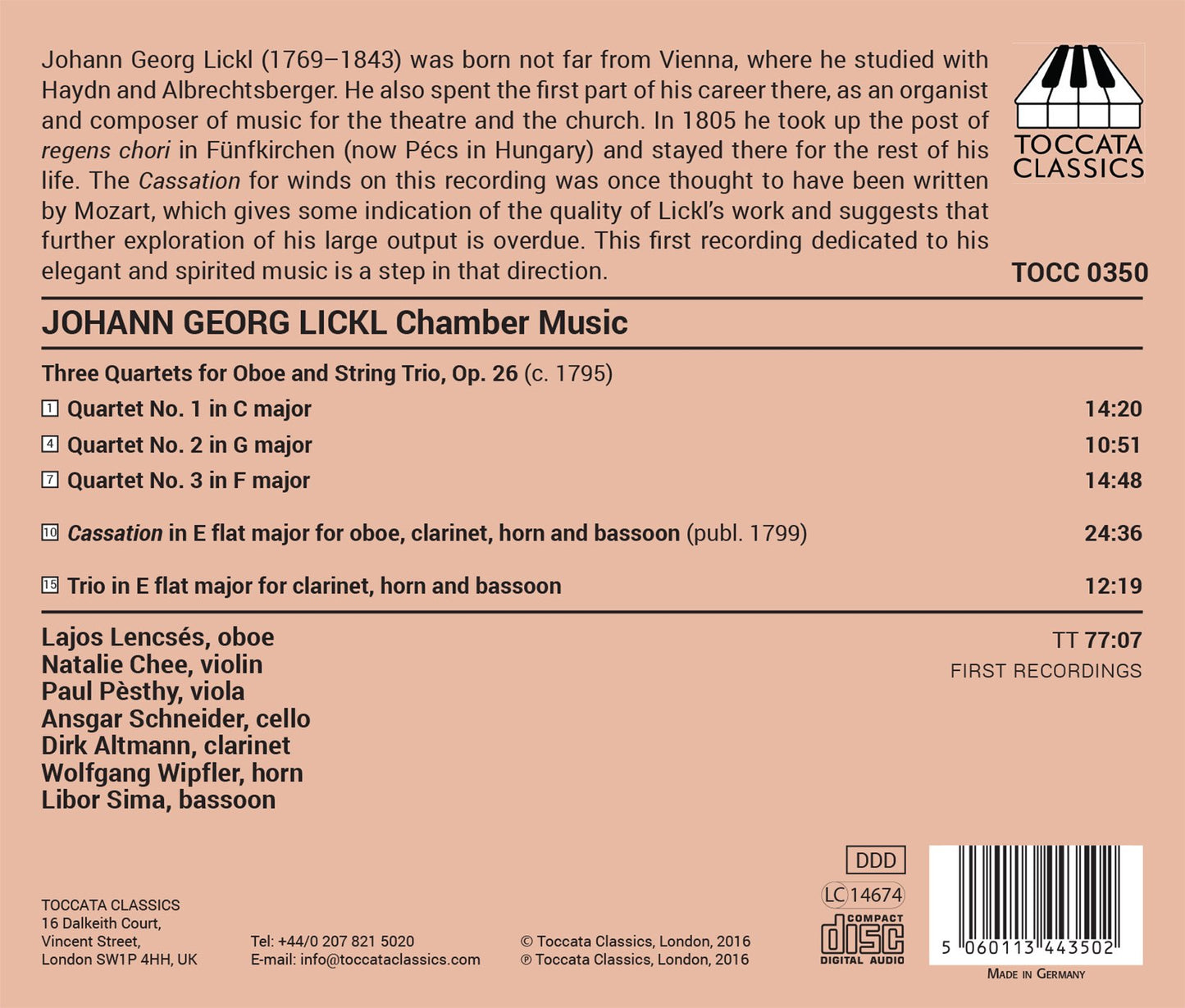 Lickl: 3 Oboe Quartets, Op. 26, Cassation in E-Flat Major &