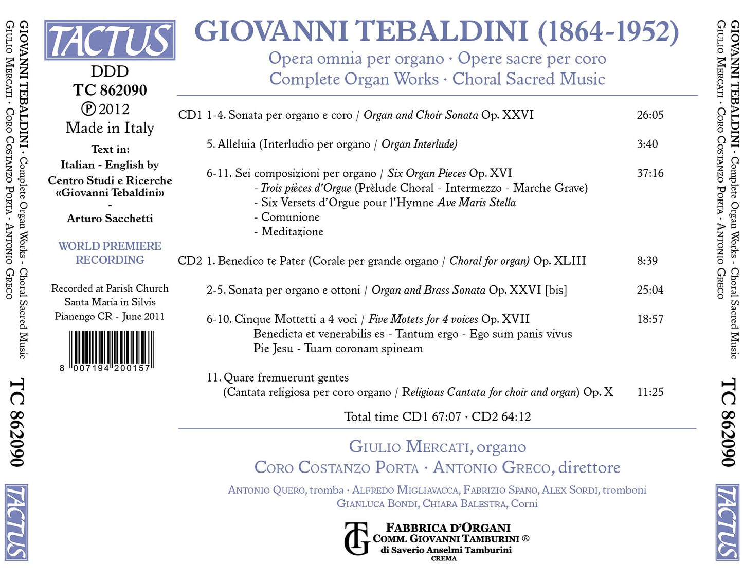 Tebaldini: Complete Organ Works - Sacred Choral Music