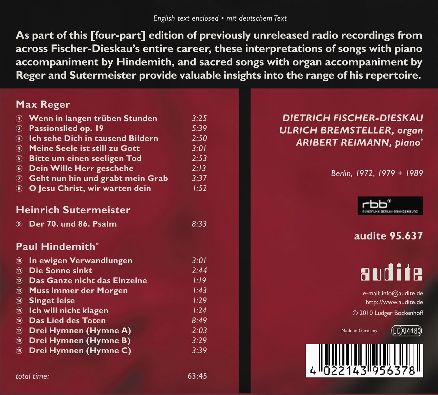 Fischer-Dieskau, Dietrich: Reger, Sutermeister & Hindemith (