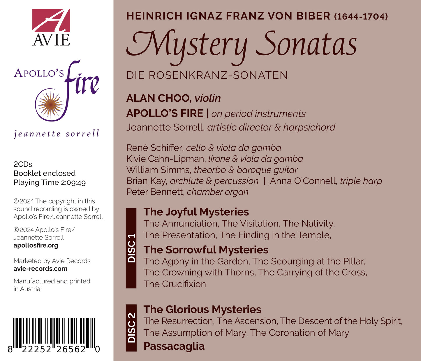 Biber: Mystery Sonatas Alan Choo, Jeannette Sorrell Apollo'S Fire