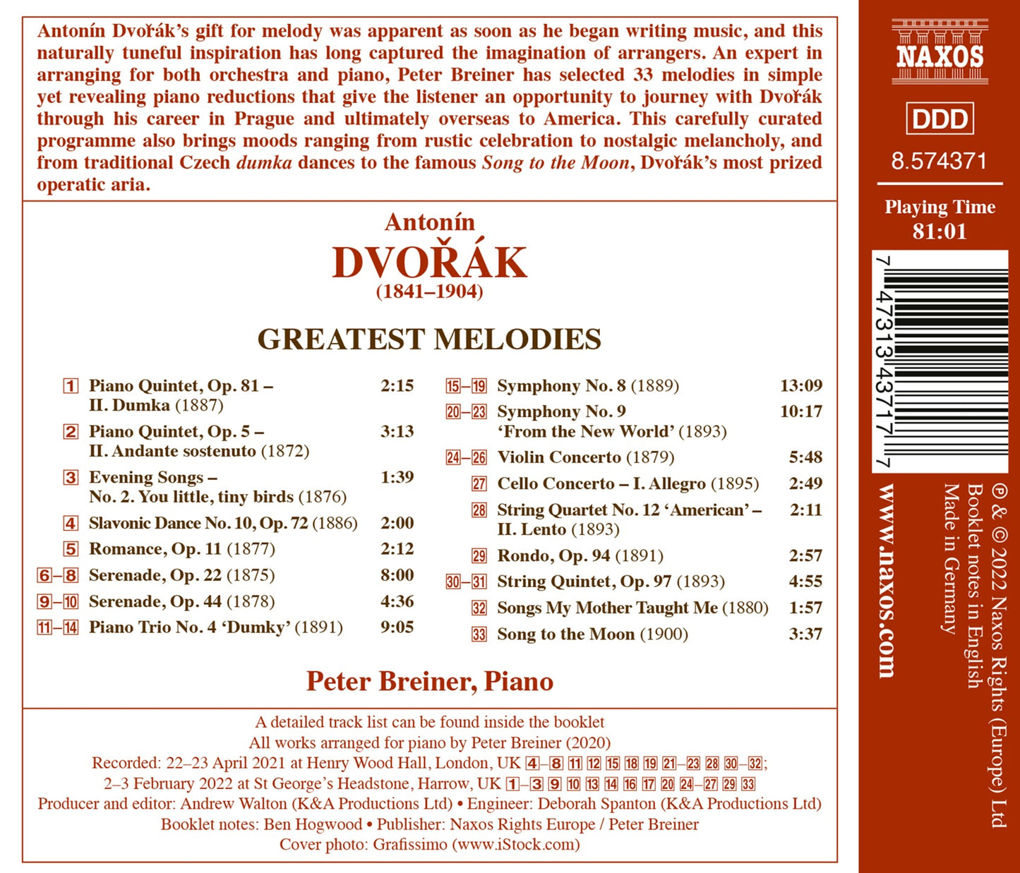 Dvořak: Greatest Melodies (Arranged By Peter Breiner)