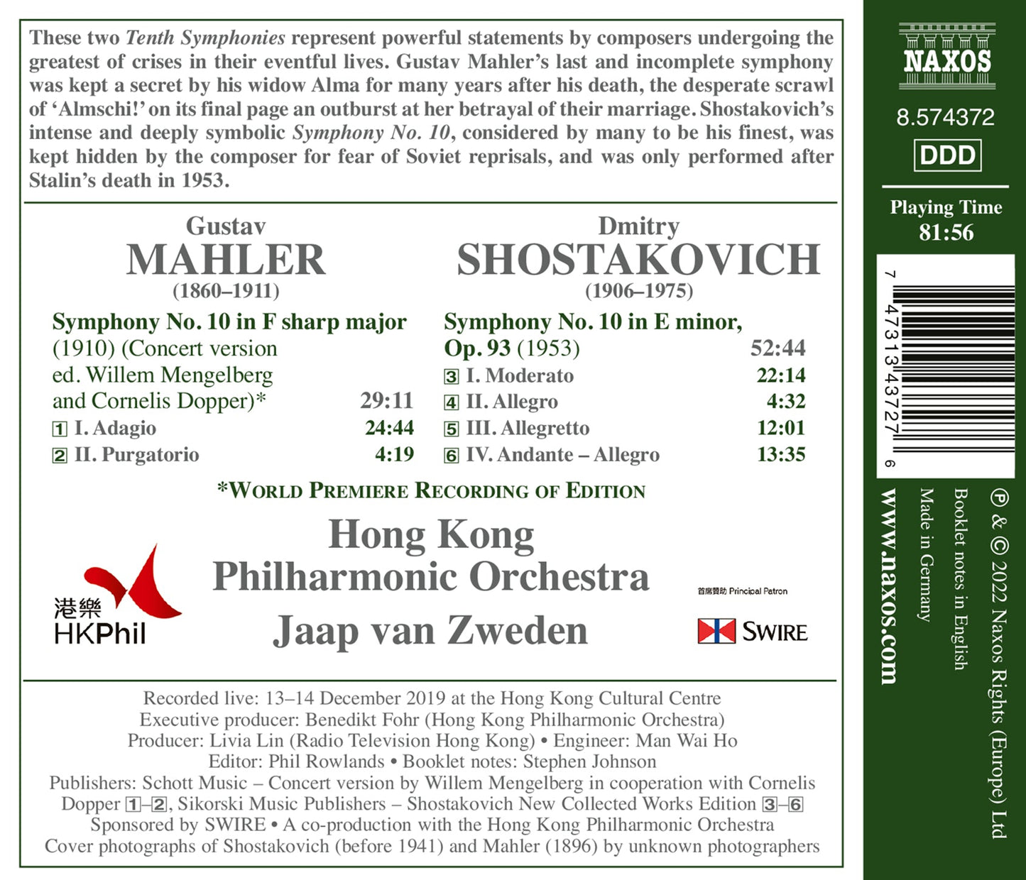 Shostakovich: Symphony No. 10; Mahler: Symphony No. 10 - Ada