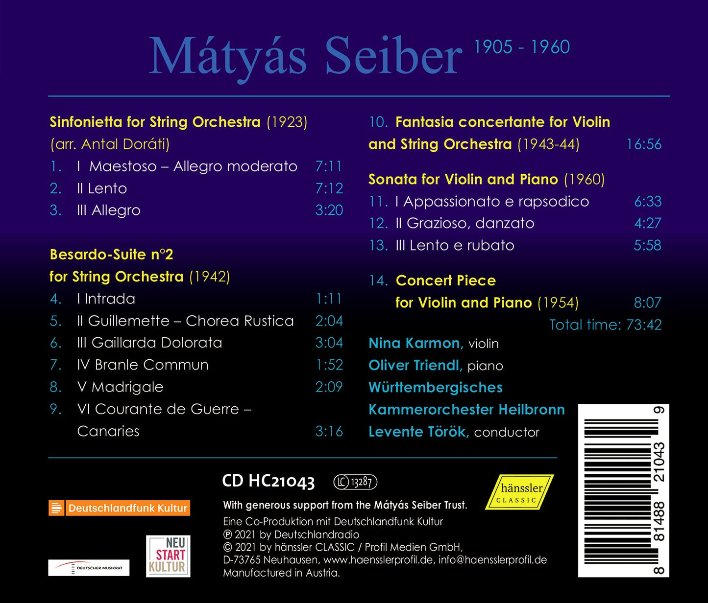 Seiber: Orchestral Work; Works for Violin & Piano / Württembergisches Kammerorchester Heilbronn