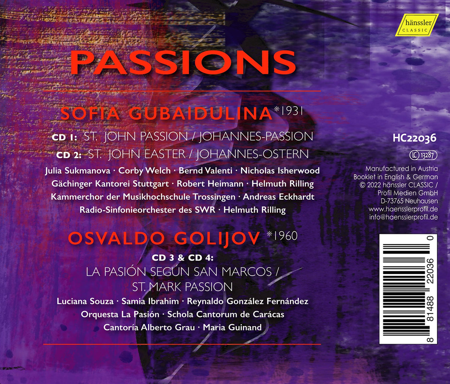 Golijov & Gubaidulina: Passions - St. John Passion & St. Mar Kammerchor Der Musikhochschule Trossingen, Andreas Eckhardt, Radio-Sinfonieorchester Des Swr, Gachin