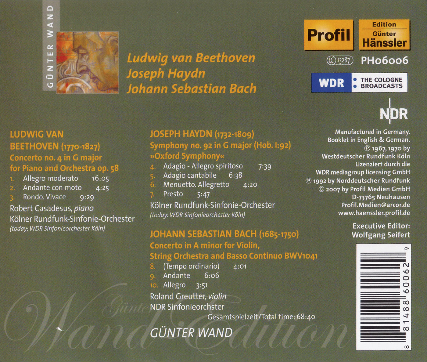 Beethoven: Piano Concerto No. 4; Haydn: Symphony No. 92; Bach: Violin Concerto, BWV 1041 / NDR Radiophilharmonie, WDR Sinfonieorchester Köln