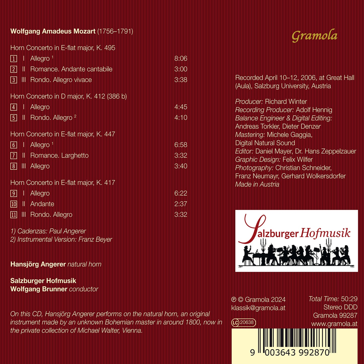 Mozart: Concertos For Horn  Hansjorg Angerer, Salzburger Hofmusik