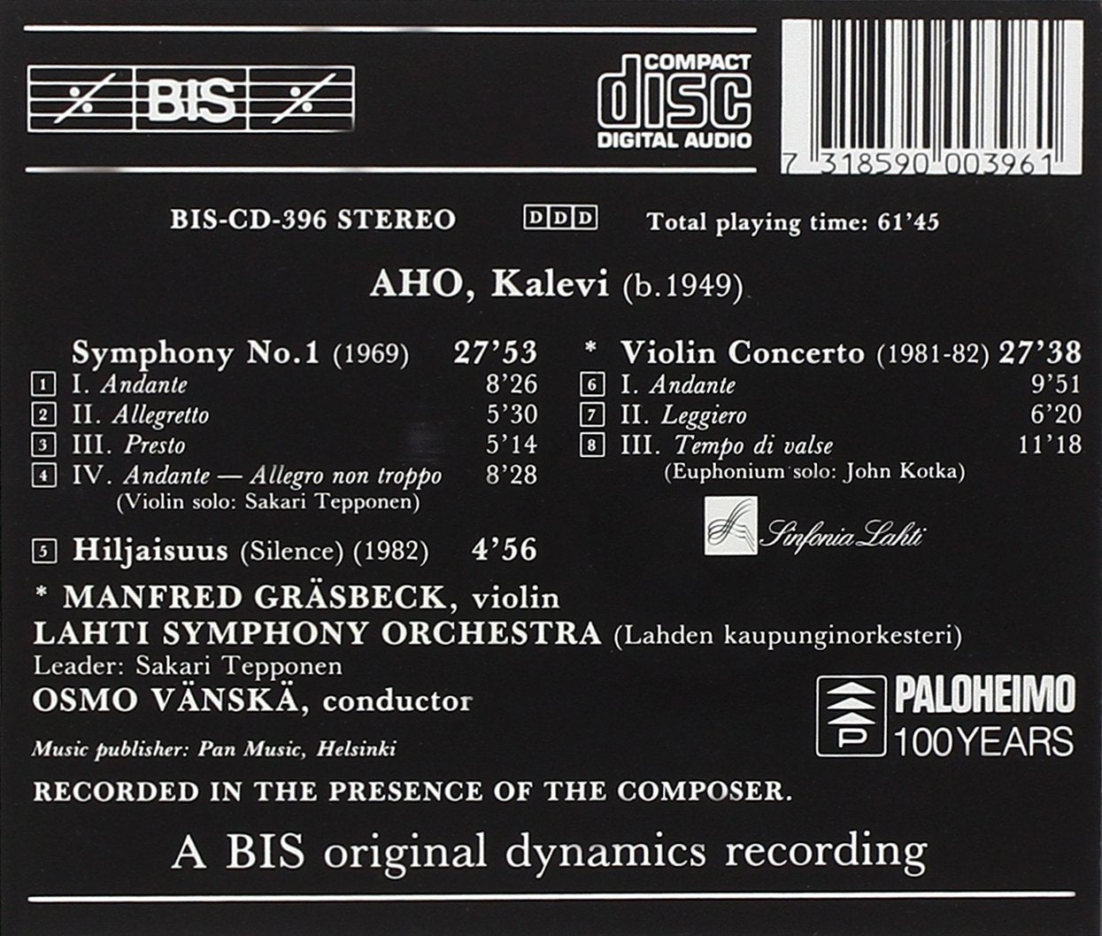 AHO: Symphony No. 1 / Hiljaisuus / Violin Concerto