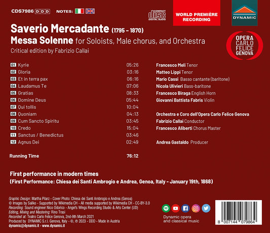 Mercadante: Messa Solenne For Soloists, Male Chorus & Orches