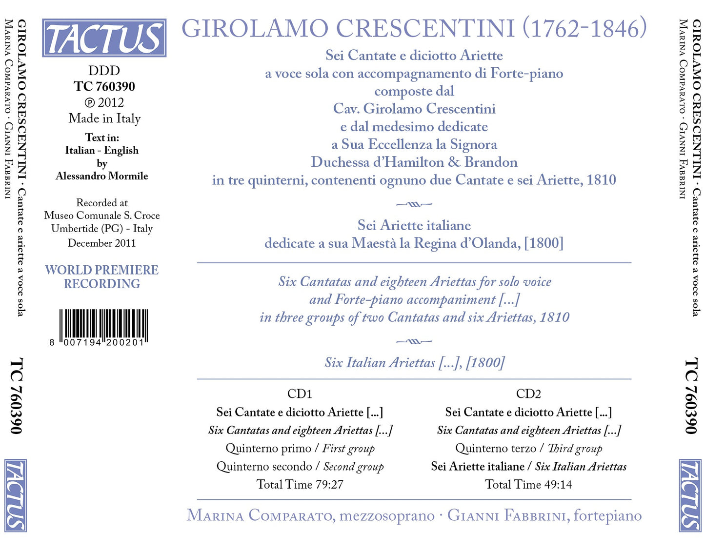 Crescentini: Cantate e ariette a voce sola e fortepiano