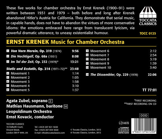 Krenek: Music For Chamber Orchestra Zubel, Hausmann, Leopoldinum Orchestra, Kovacic