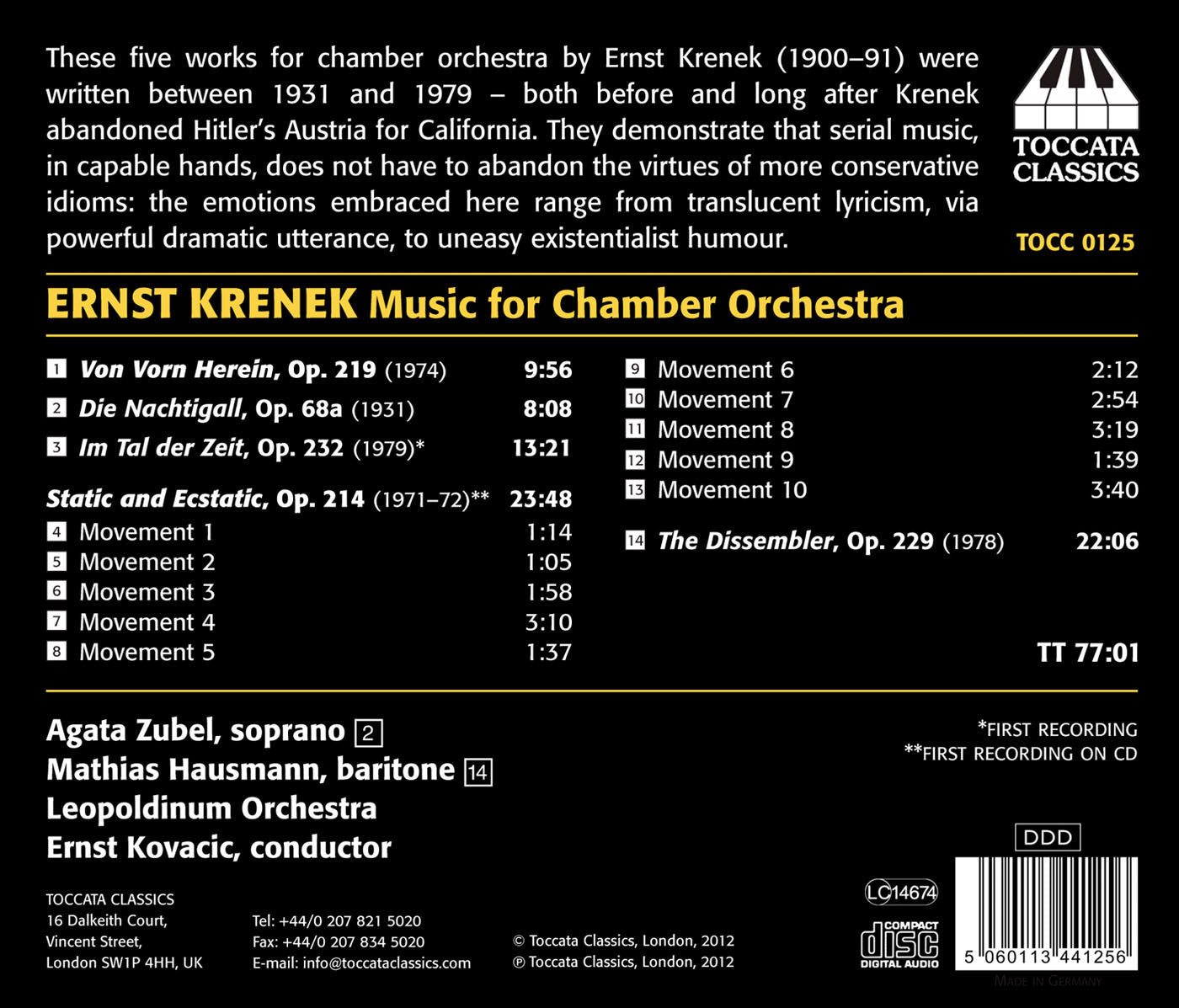 Krenek: Music For Chamber Orchestra Zubel, Hausmann, Leopoldinum Orchestra, Kovacic