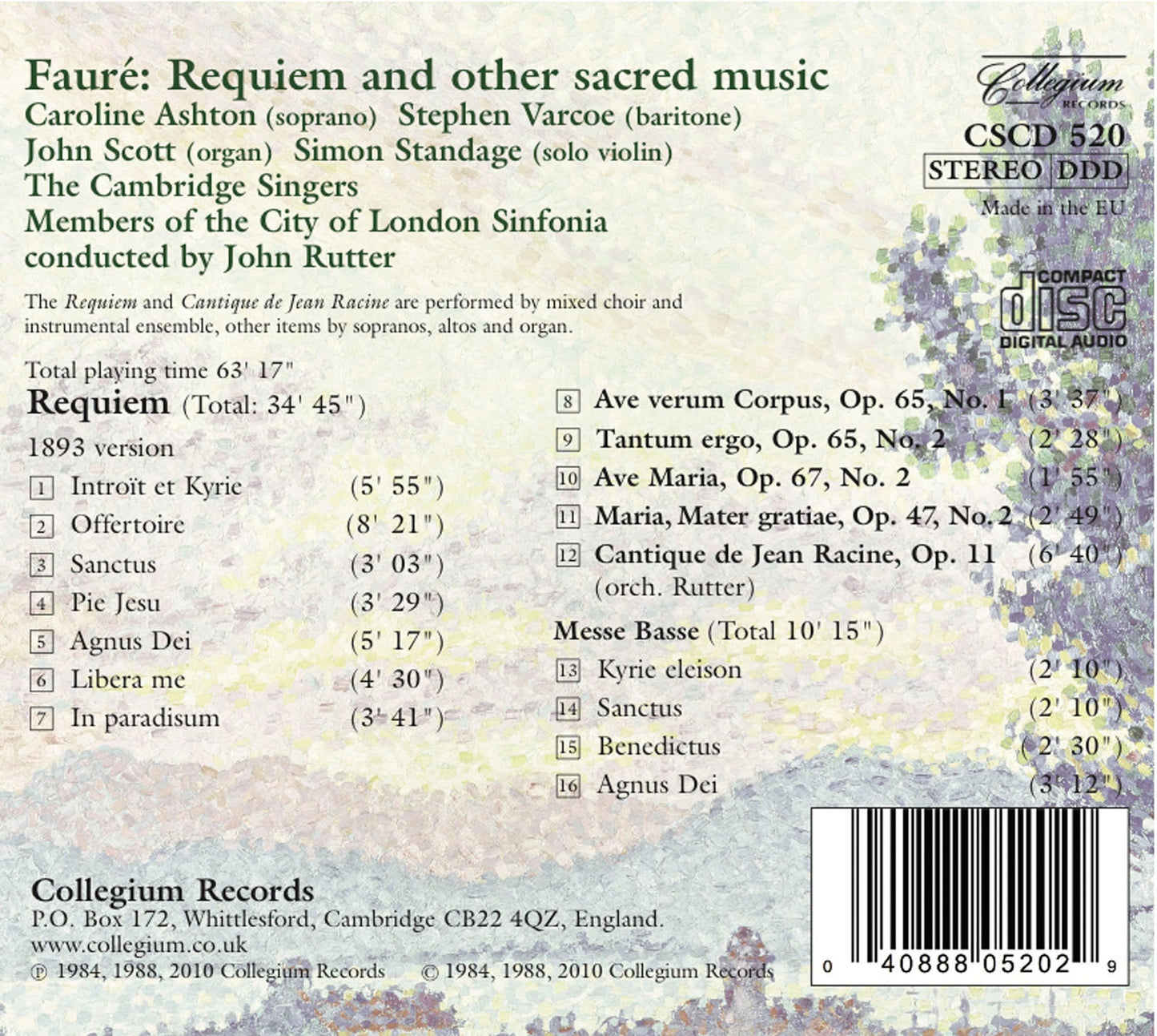 Fauré: Requiem & Other Sacred Music  Rutter, Cambridge Singers, City Of London Sinfonia, Aston, Varcoe, Scott, Standage