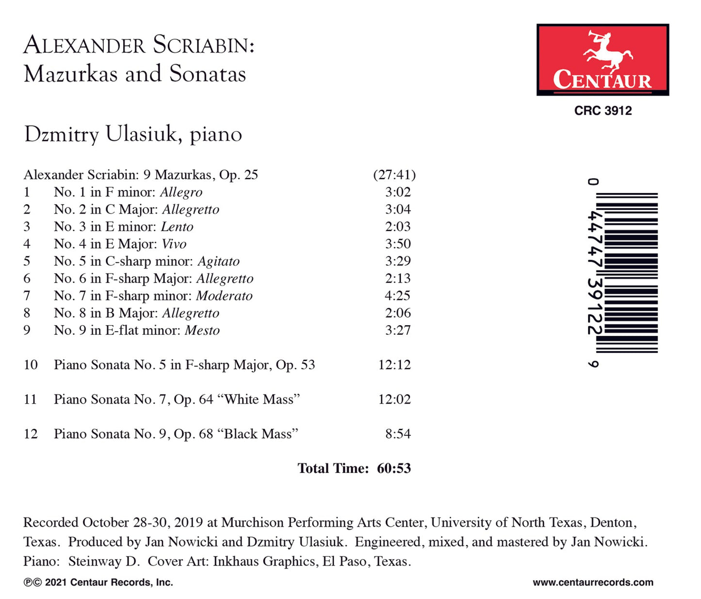 Scriabin: Mazurkas And Sonatas  Dzmitry Ulasiuk
