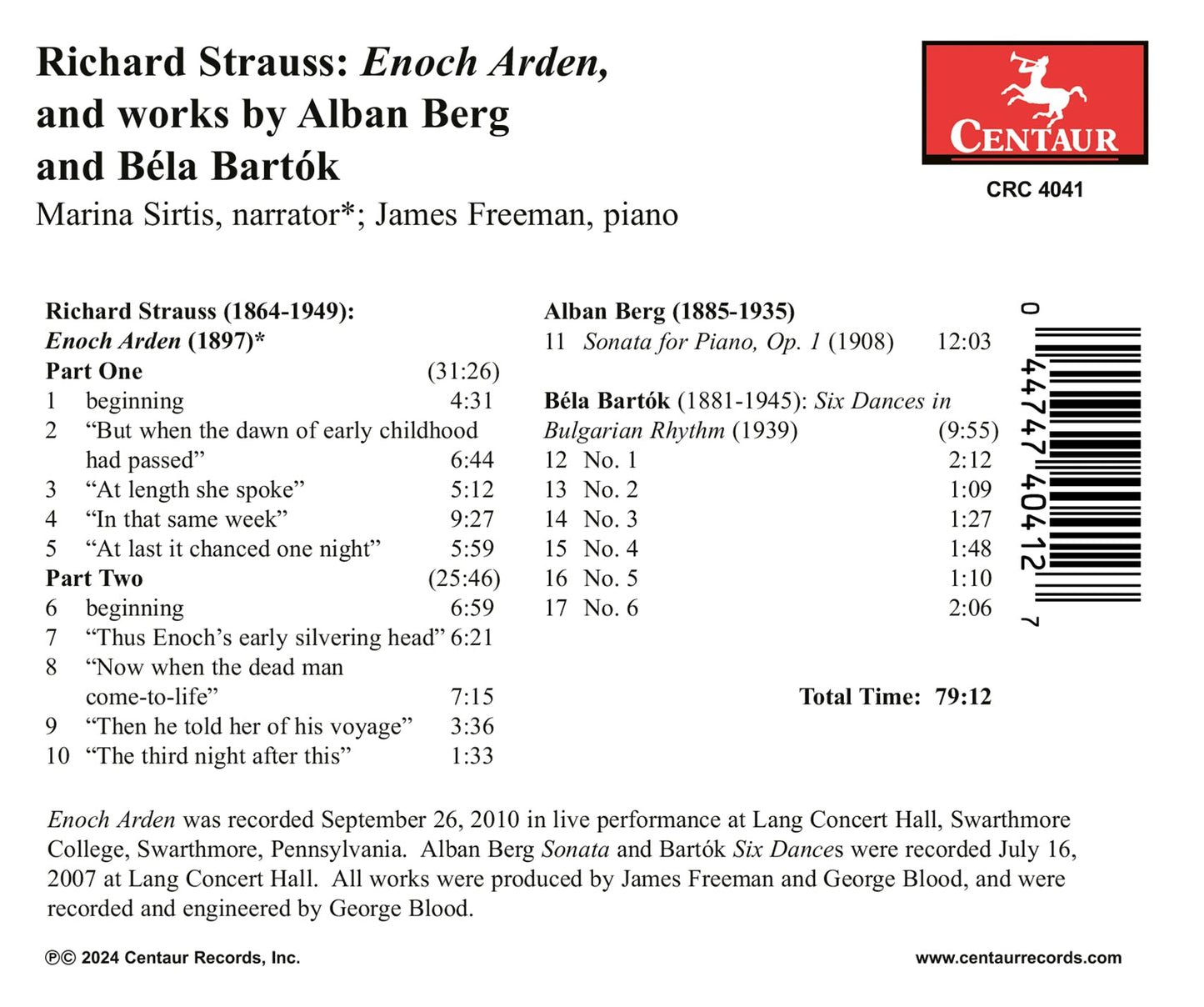 Strauss: Enoch Arden; Berg & Bartok: Works  Marina Sirtis, James Freeman