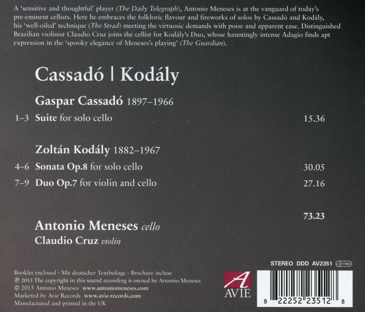 Cassadó: Suite - Kodály: Sonata op. 8 & Duo op. 7