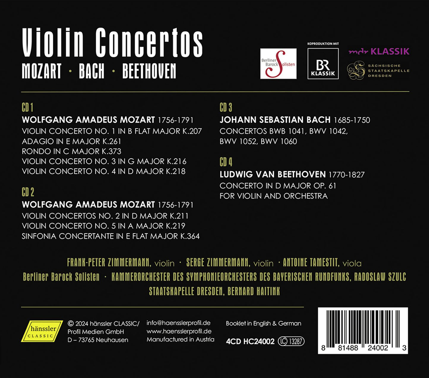 J.S. Bach, Beethoven & Mozart: Violin Concertos