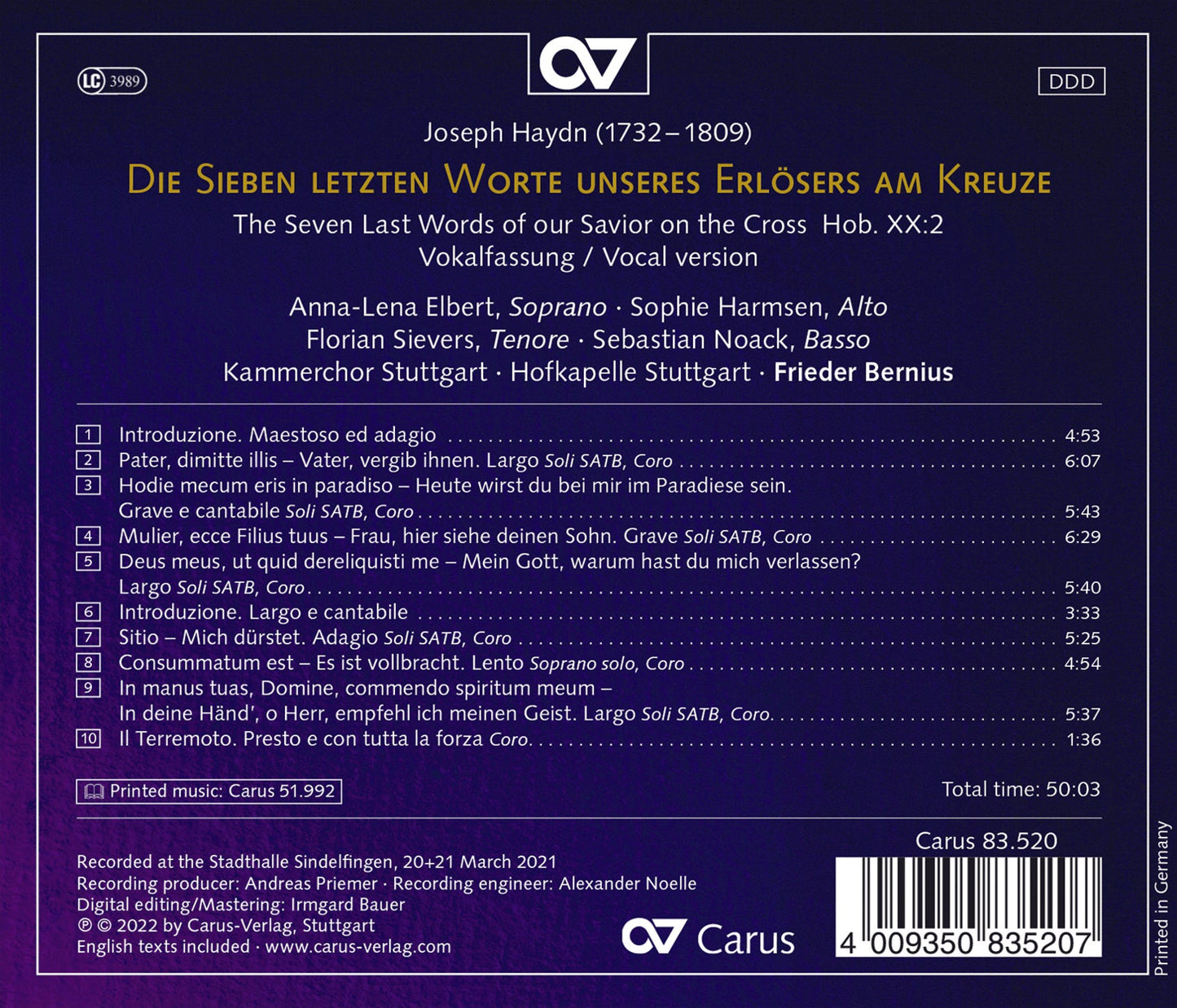 Die Sieben Letzten Worte  Bernius, Kammerchor Stuttgart, Hofkapelle Stuttgart, Elbert, Harmsen, Sievers, Noack