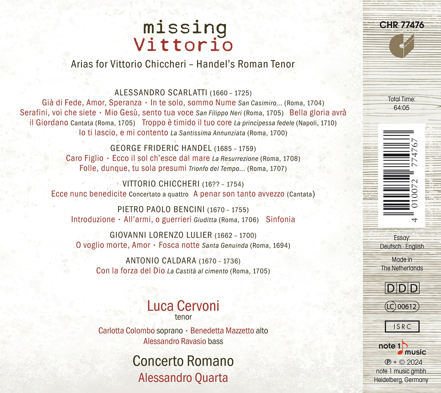 Missing Vittorio - Arias For Vittorio Chiccheri  Luca Cervoni, Carlotta Colombo, Benedetta Mazzetto, Alessandro Ravasio, Concerto Romano, Alessandro
