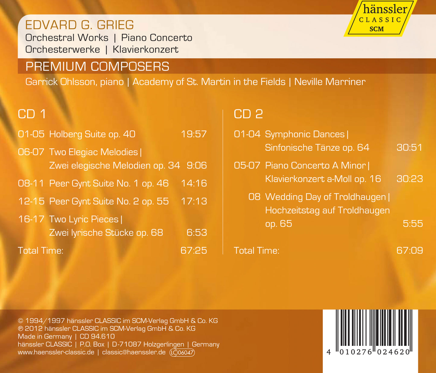 Grieg: Orchestral Works & Piano Concerto in A Minor / Ohlsson, Marriner, Academy of St. Martin in the Fields