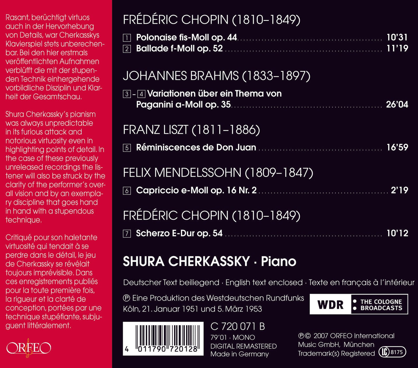 Chopin, Brahms, Liszt & Mendelssohn: Piano Works