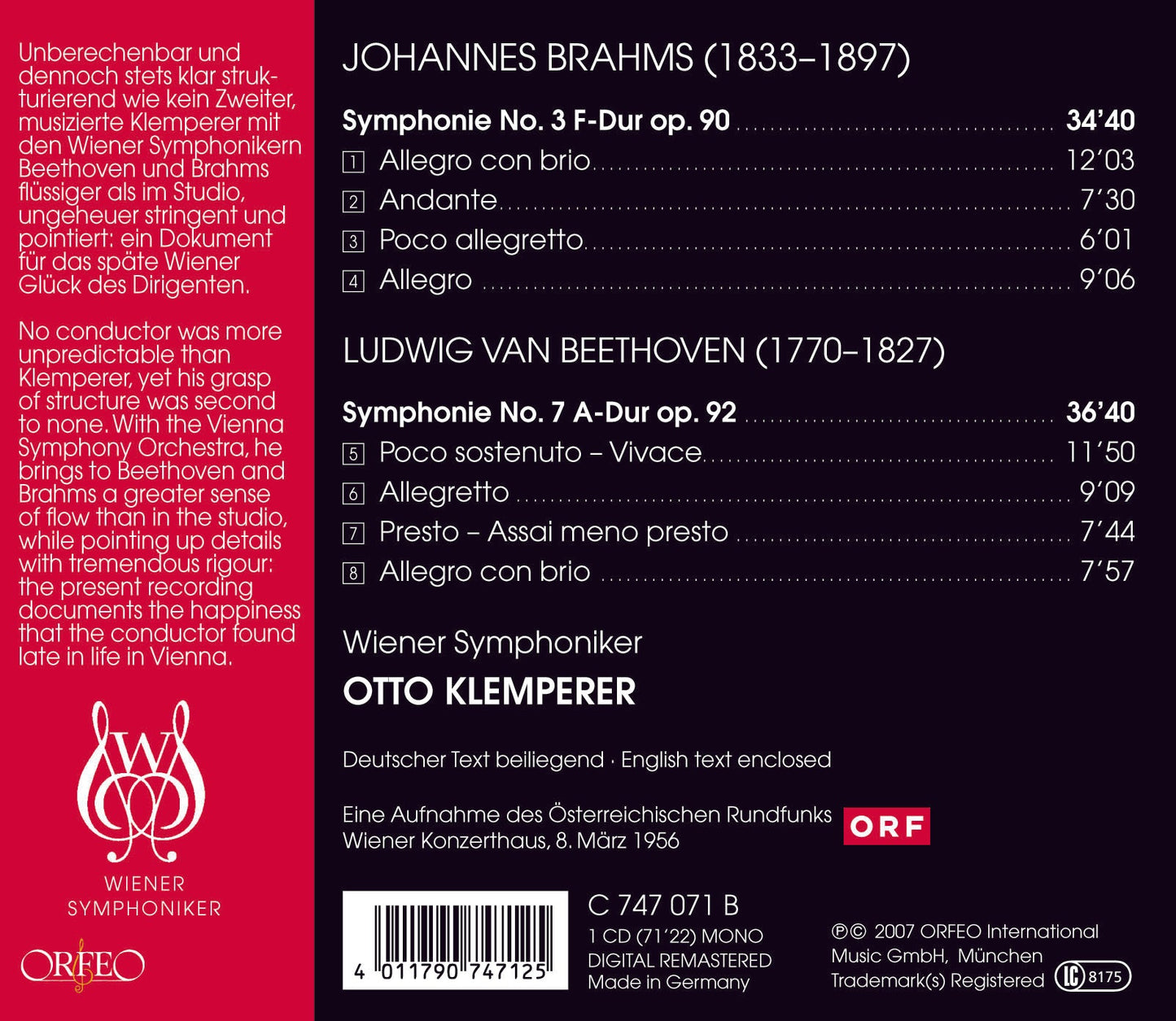 Brahms: Symphony No. 3 - Beethoven: Symphony No. 7