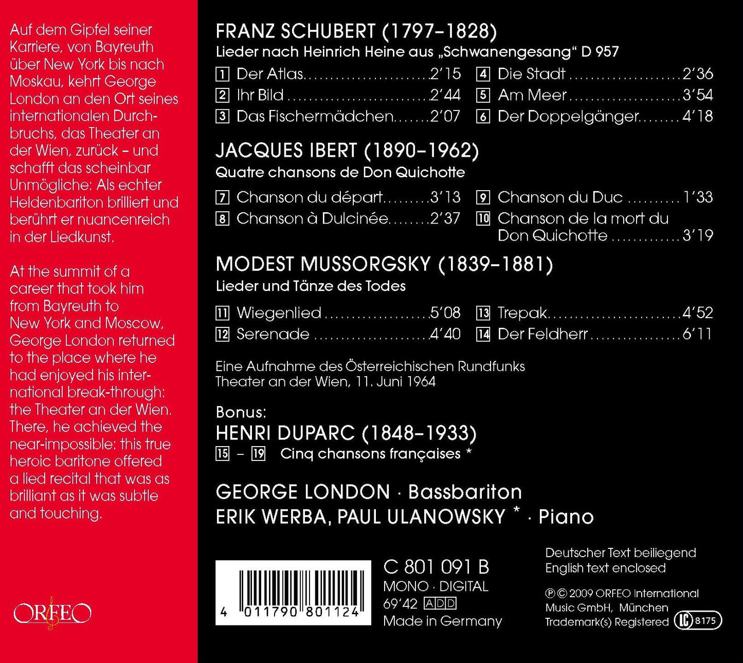 Schubert: Heine-Lieder - Ibert: Chansons de Don Quichitte -