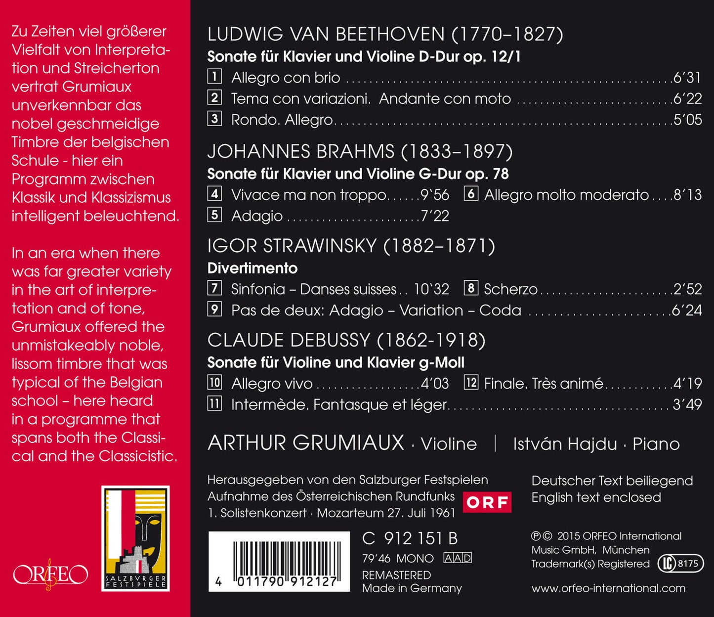 Beethoven, Brahms, Stravinsky & Debussy: Works for Violin &