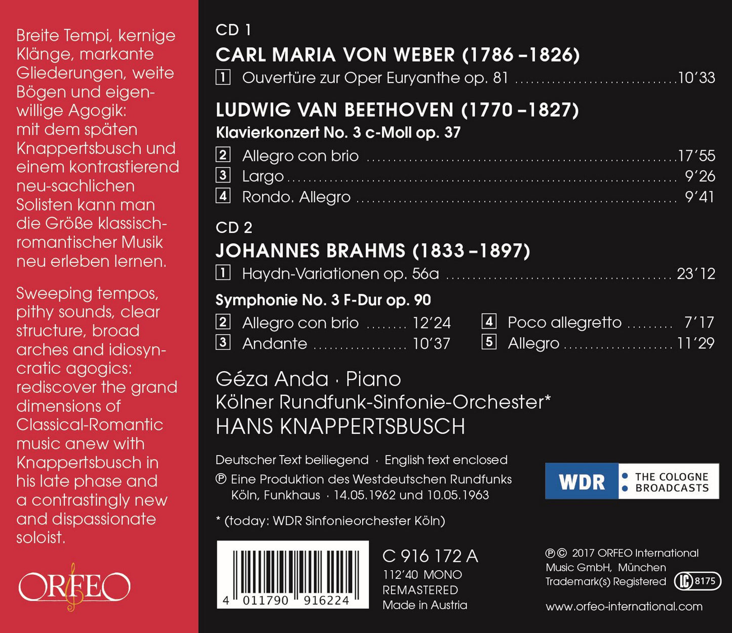 Weber, Beethoven & Brahms: Orchestral Works (Live)
