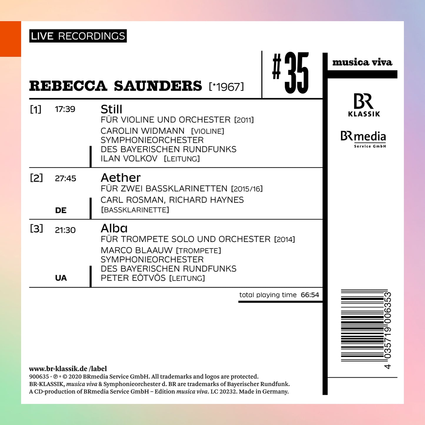 Musica Viva, Vol. 35 - Rebecca Saunders: Still - Aether - Al  Symphonieorchester Des Bayerischen Rundfunks
