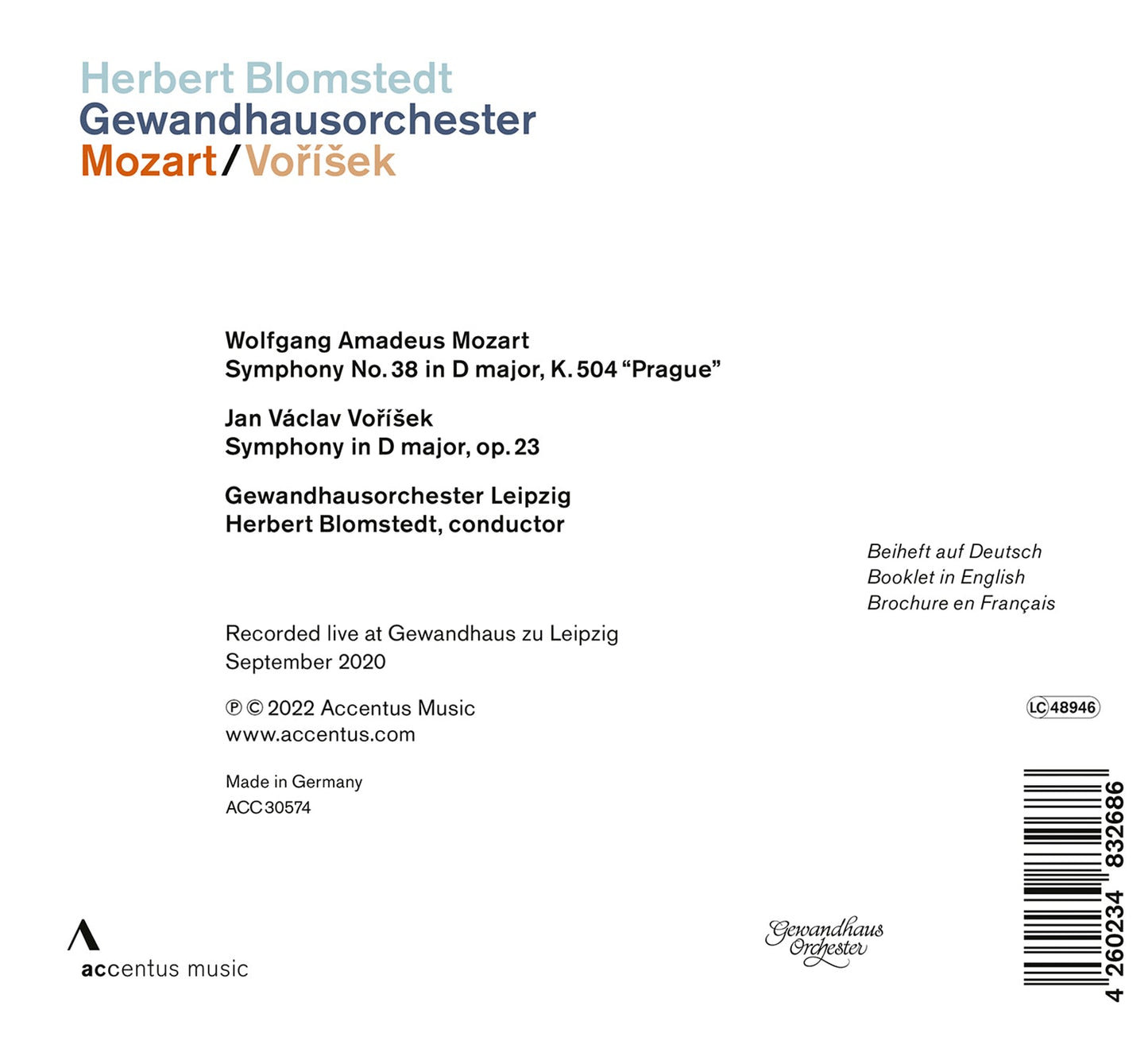 Mozart & Vořisek: Herbert Blomstedt, Gewandhausorchester Lei