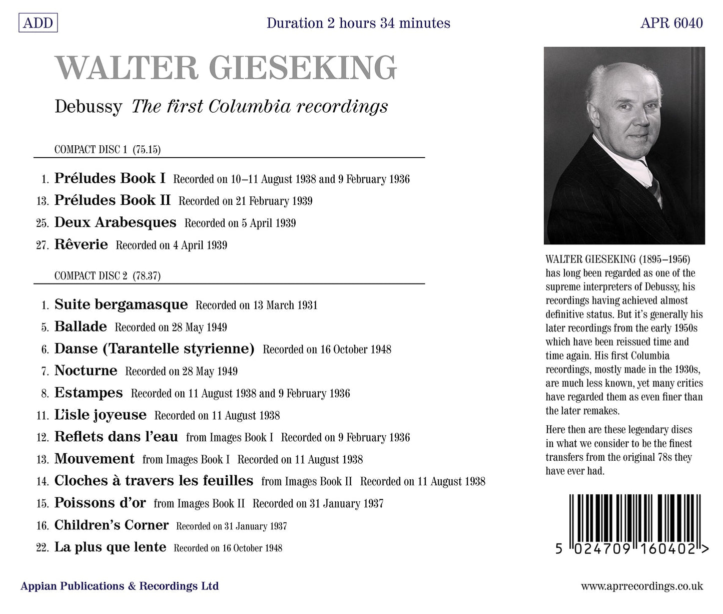 Walter Gieseking Plays Debussy - The First Columbia Recordin
