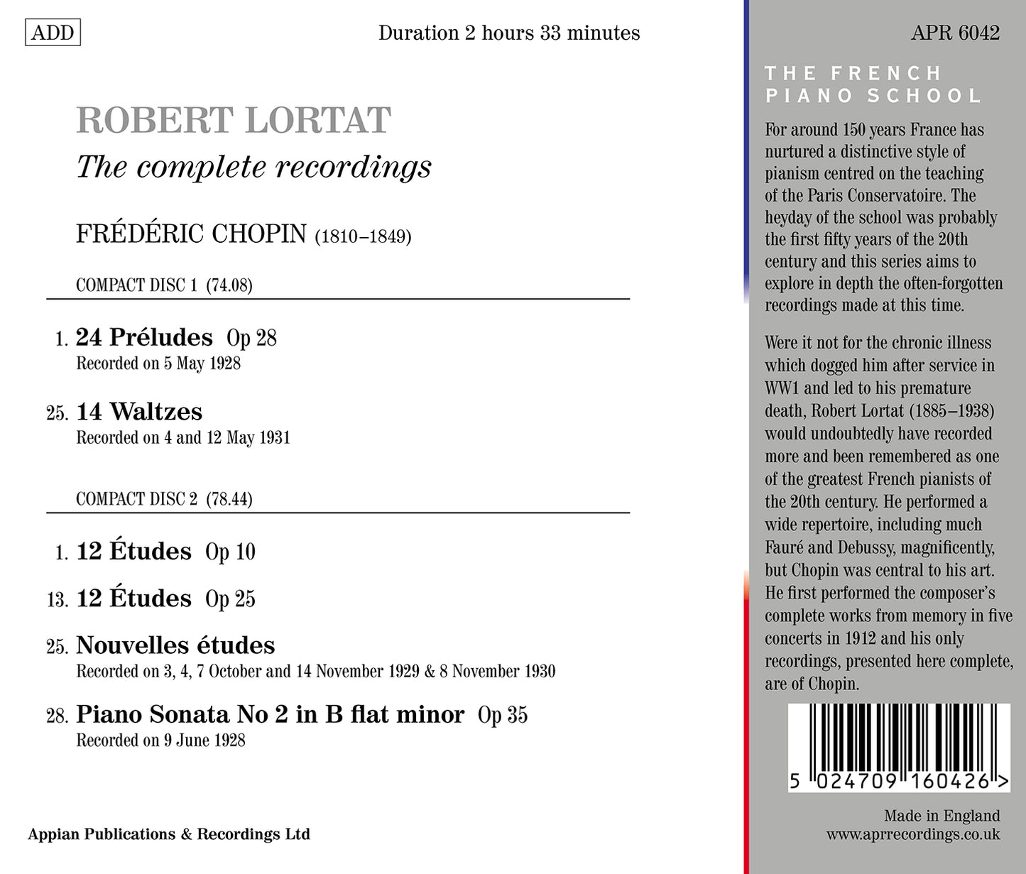Chopin: The Complete Recordings / Robert Lortat [2 CDs]