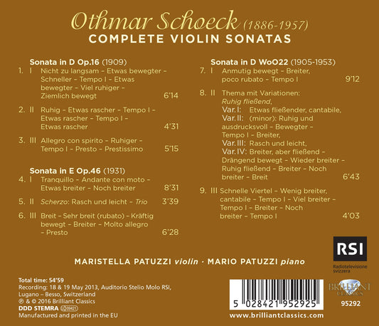 Schoeck: Complete Violin Sonatas