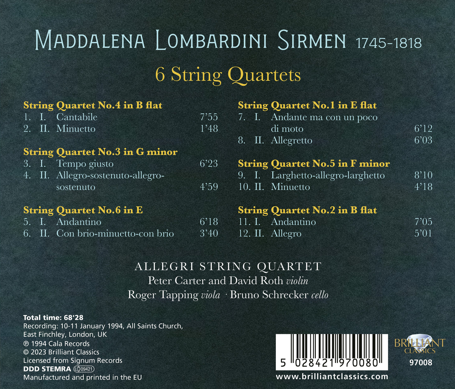 Sirmen: 6 String Quartets  Allegri String Quartet