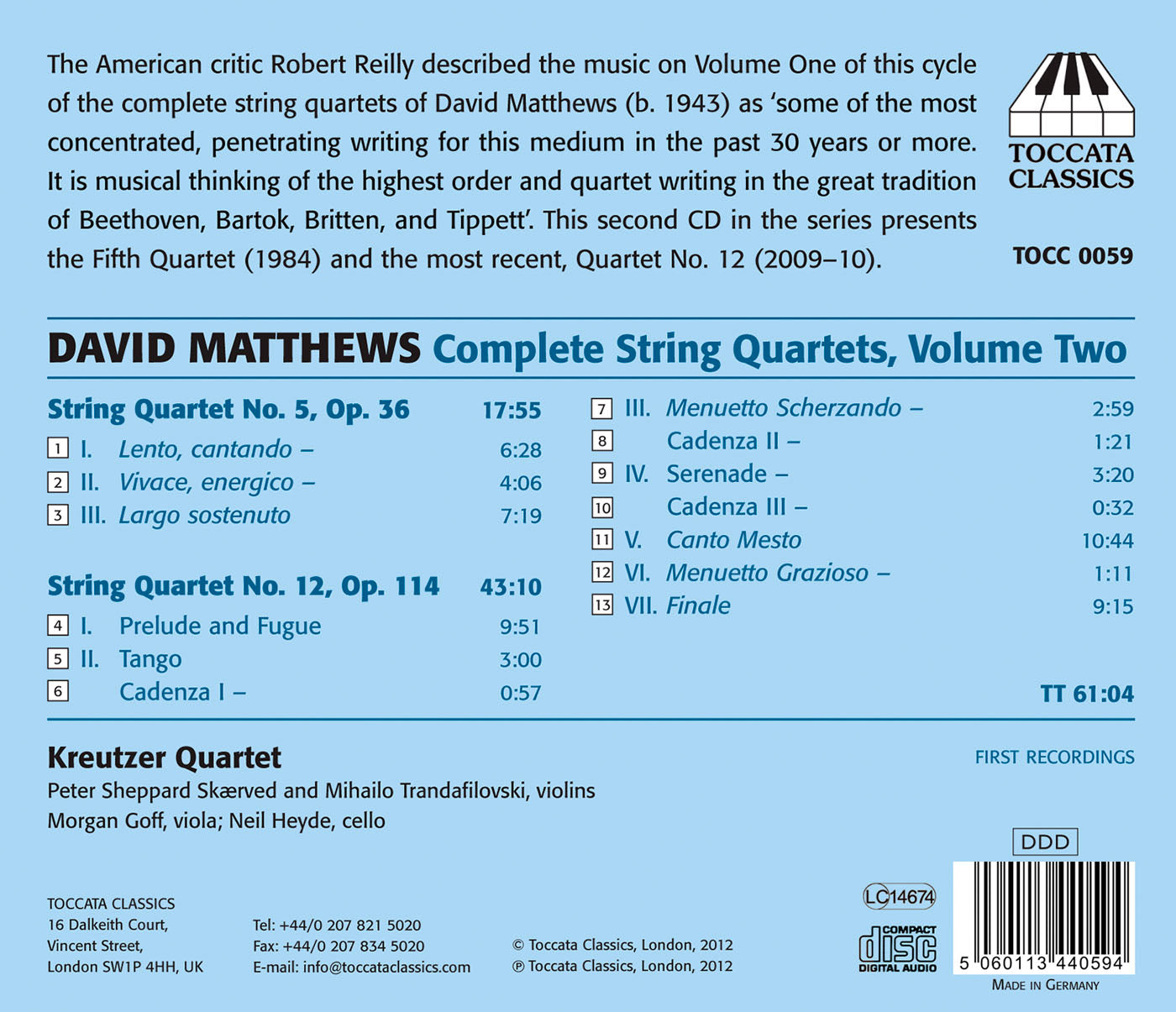Matthews: Complete String Quartets, Vol. 2  Kreutzer Quartet