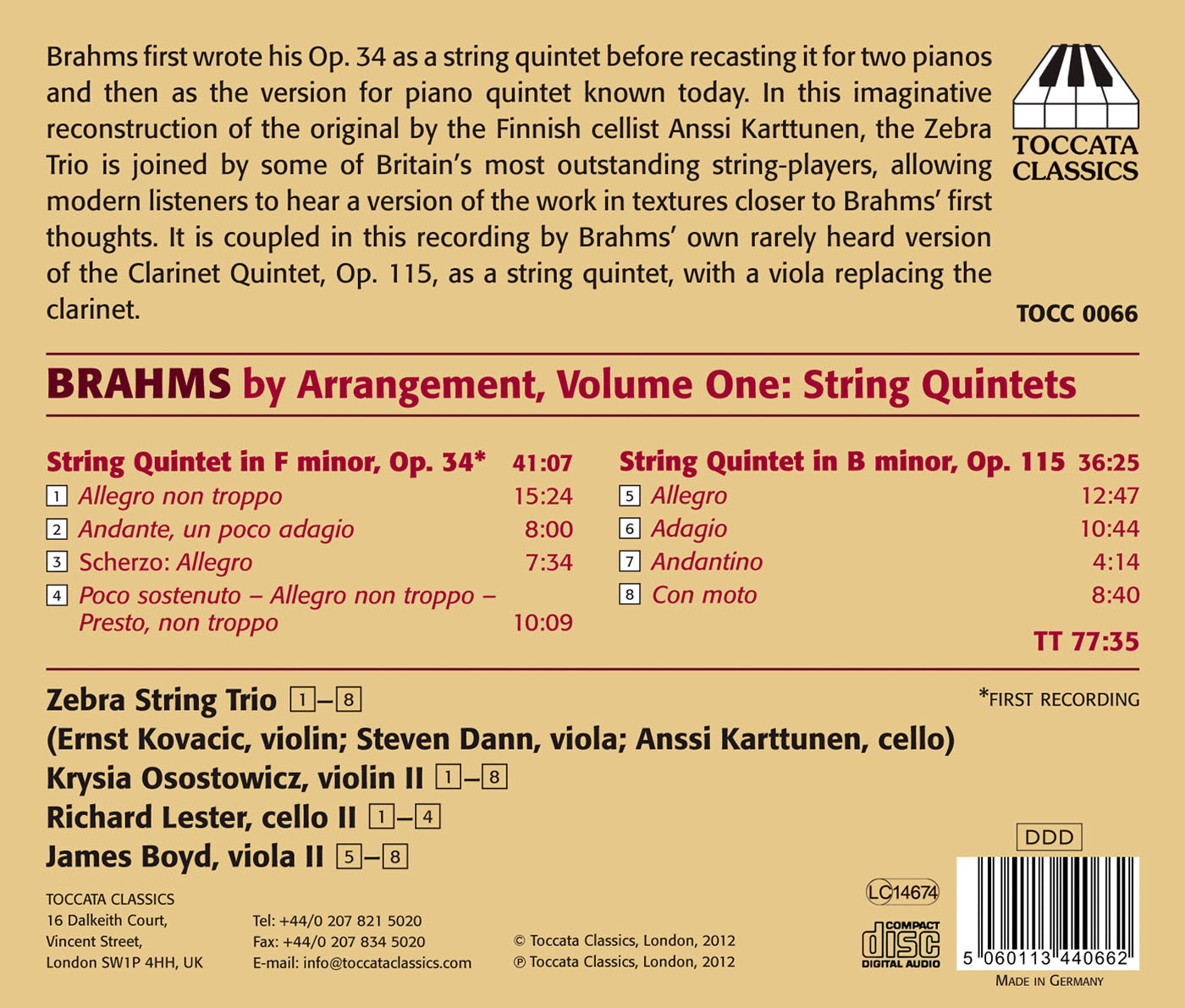 Brahms By Arrangement, Vol. 1  Zebra String Trio, Osostowicz, Boyd, Lester