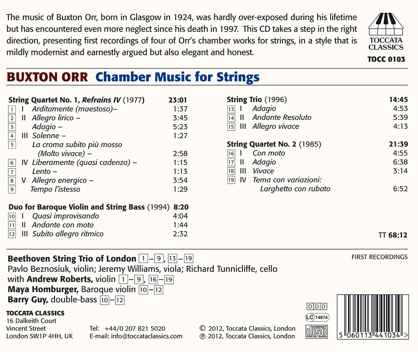 Orr: Chamber Music For Strings  Beethoven String Trio Of London, Roberts, Homburger, Guy