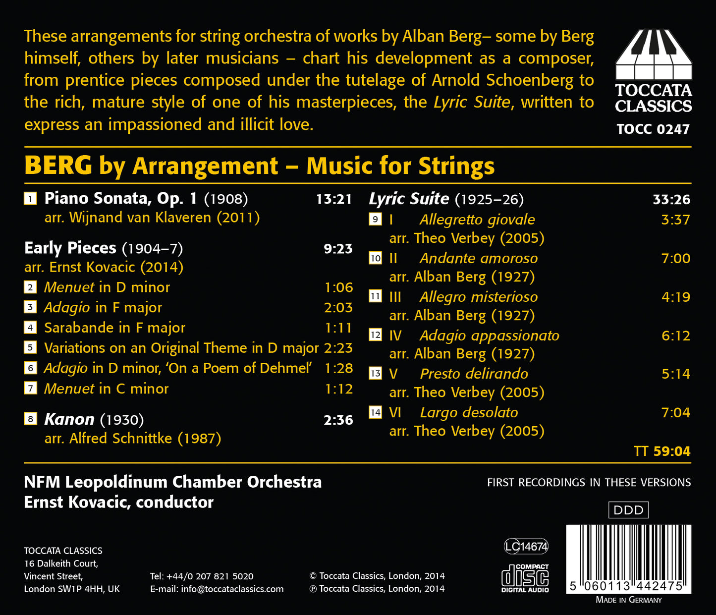 Berg By Arrangement: Music For Strings  Nfm Leopoldinum Chamber Orchestra, Kovacic
